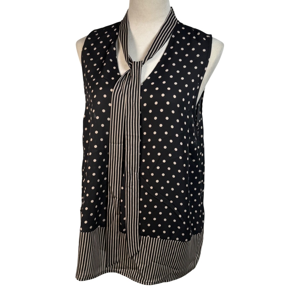 ELLE‎ Tie Neck Blouse L Black Cream Polka Dot Striped Sleeveless Semi Sheer Top